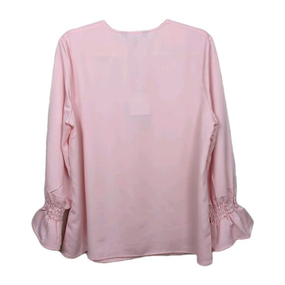 MING WANG Light Pink Blouse Keyhole Neck Ruched Bell Sleeves Women's Medium - Picture 2 of 6